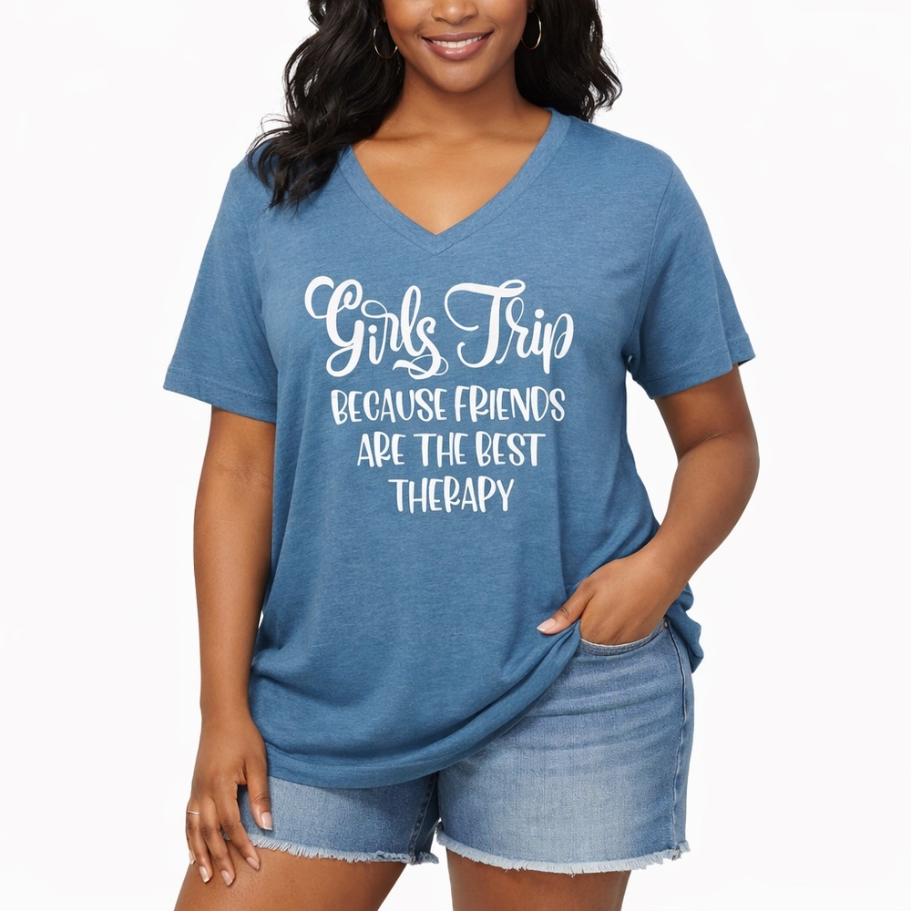 Girls Trip Graphic V Neck Tee Blue Casual Womens XL
